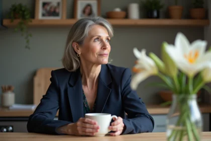 Femme d'âge moyen assise à la cuisine avec tasse de thé