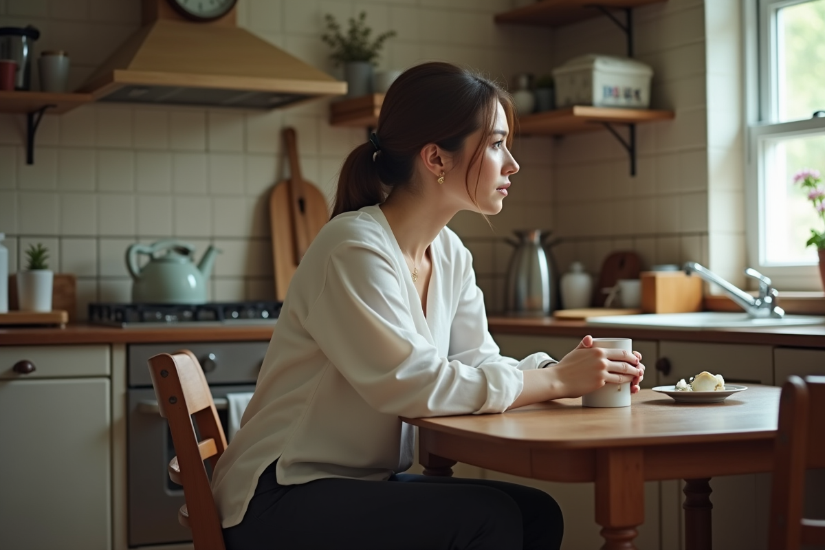 Femme pensant à la cuisine avec tasse à la main