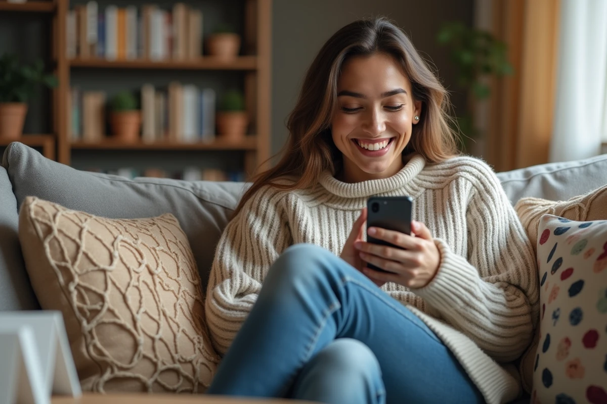 Femme souriante sur canapé avec téléphone et décorations