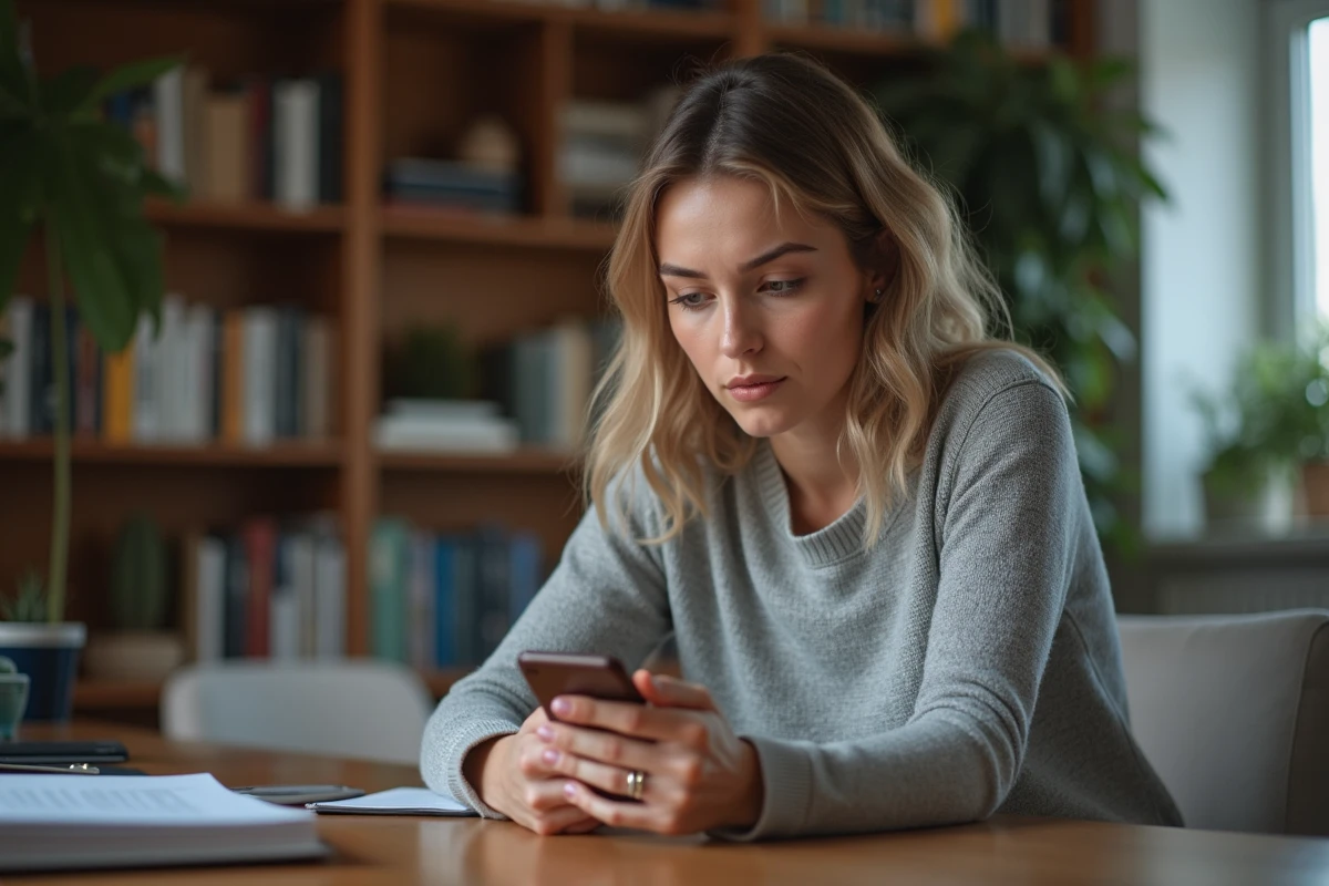 Femme sceptique consultant son téléphone face aux rumeurs sur les réseaux sociaux