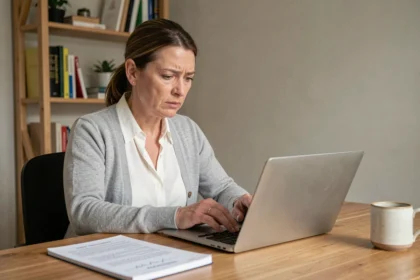Femme consultant un simulateur d'impôt sur son ordinateur portable dans un bureau à domicile pour ajuster son taux de prélèvement à la source
