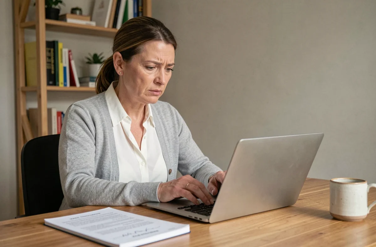 Femme consultant un simulateur d'impôt sur son ordinateur portable dans un bureau à domicile pour ajuster son taux de prélèvement à la source
