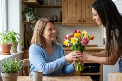 Femme souriante avec fleurs de printemps dans la maison