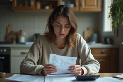 Femme inquiète examinant des documents financiers liés à l'emploi au noir d'une nounou à domicile