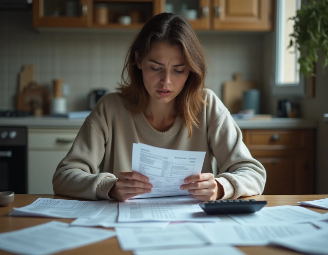 Femme inquiète examinant des documents financiers liés à l'emploi au noir d'une nounou à domicile