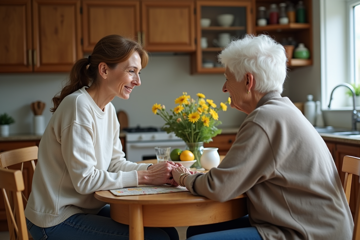 Femme d agee soutenant une autre femme dans la cuisine