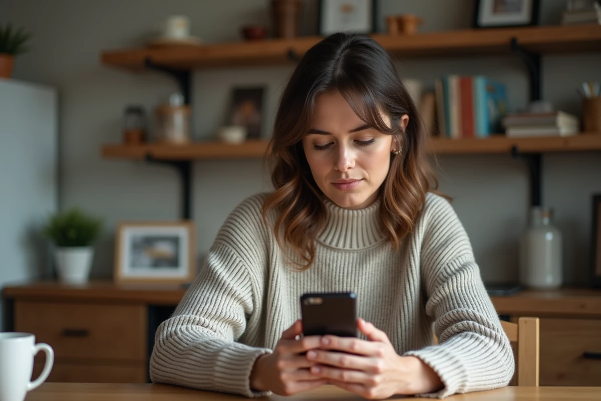 Femme regardant son téléphone dans une cuisine chaleureuse