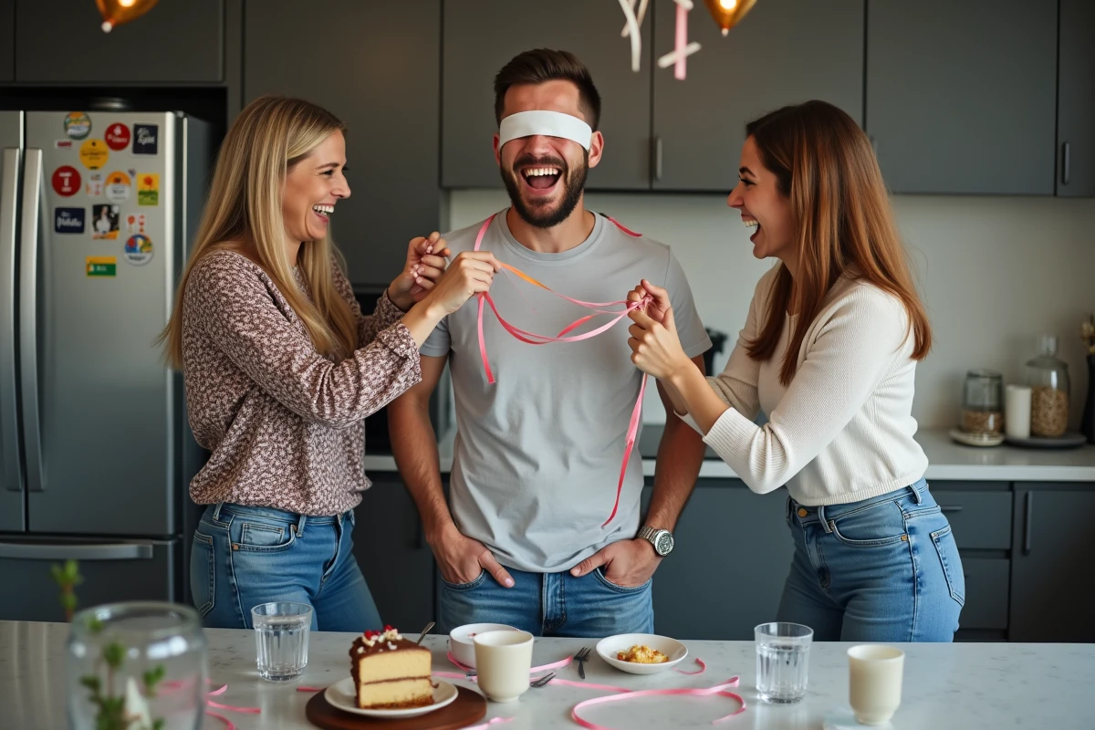 Deux femmes préparant une fête avec un homme déguisé