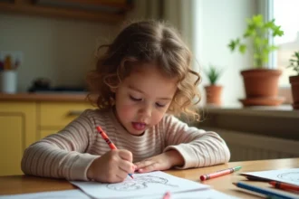 Petite fille de 4 ans coloriant des jeux imprimés sur une table en bois un mercredi pluvieux