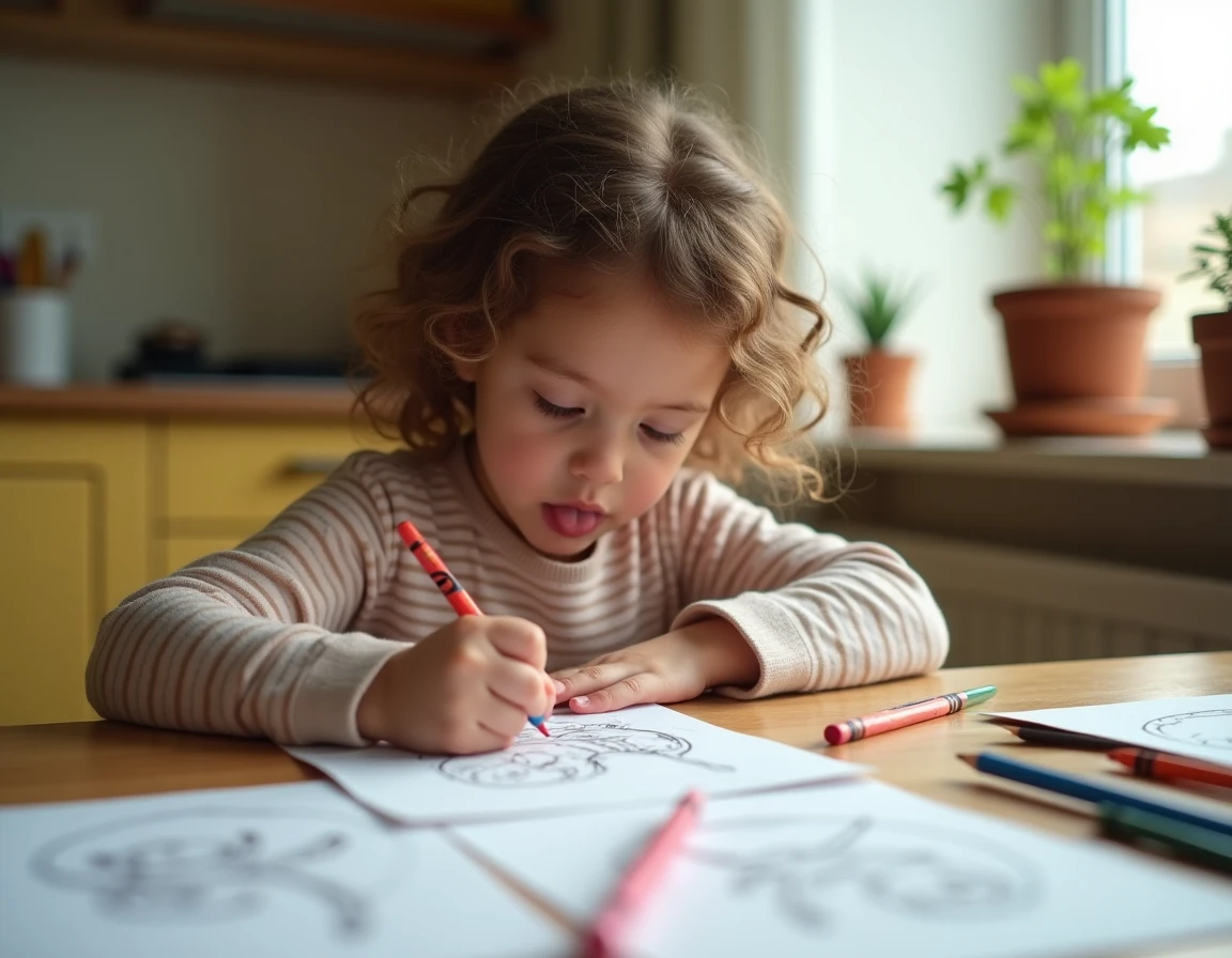 Petite fille de 4 ans coloriant des jeux imprimés sur une table en bois un mercredi pluvieux