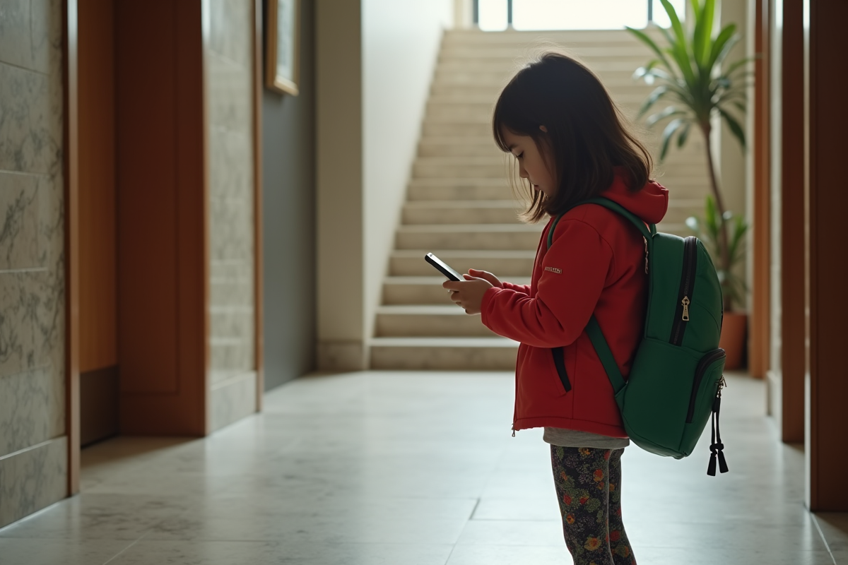 Fille de 10 ans vérifiant son téléphone dans un hall d