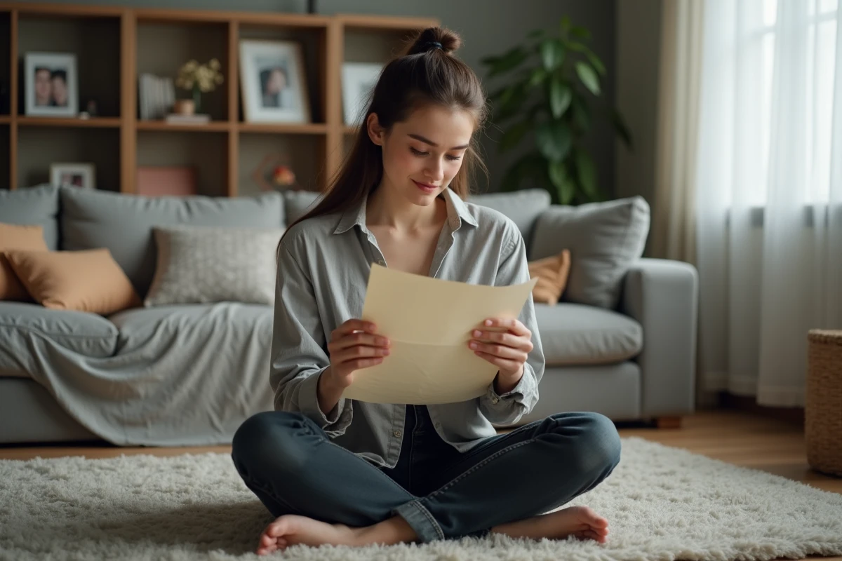 Jeune femme émue lisant une lettre manuscrite de sa maman dans un salon cosy, les yeux légèrement humides, tenant la lettre contre son cœur