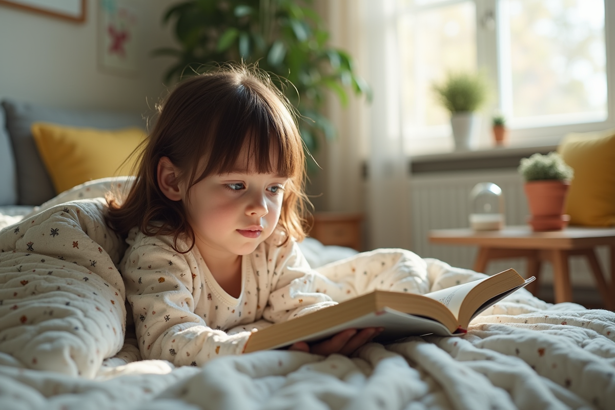 Fille de 10 ans lisant dans un salon cosy et lumineux