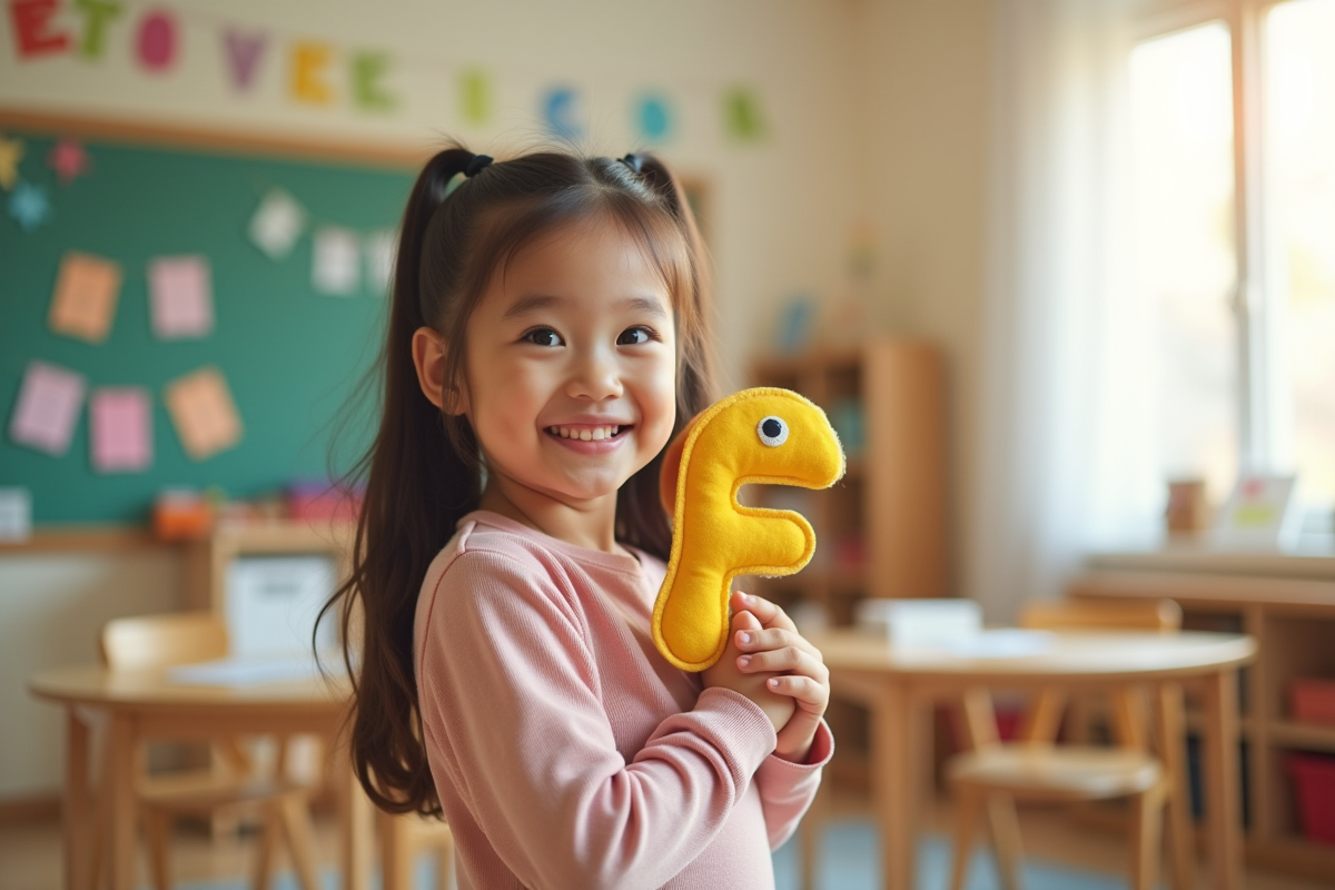 Jeune fille avec marionnette en forme de lettre F dans une classe lumineuse