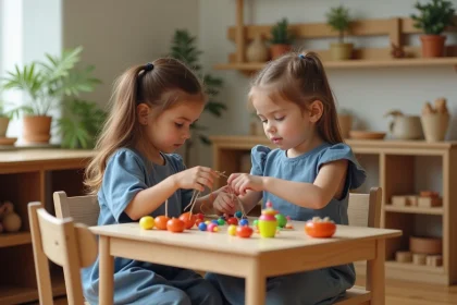 Jeune fille Montessori en bleu, créant un collier de perles