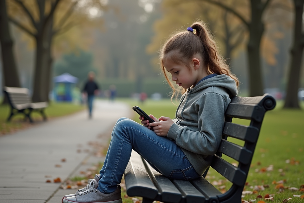 Fille de 10 ans assise sur un banc de parc
