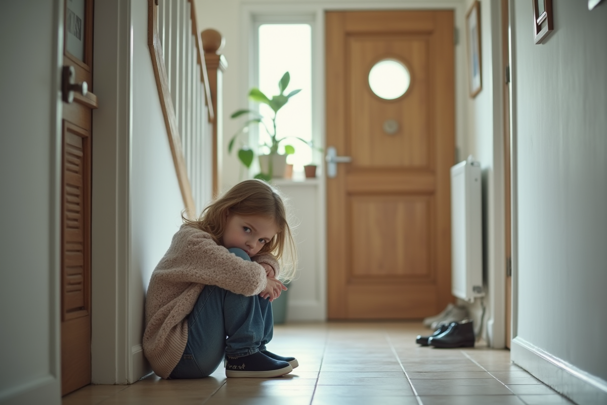 Jeune fille assise seule en haut des escaliers dans un couloir