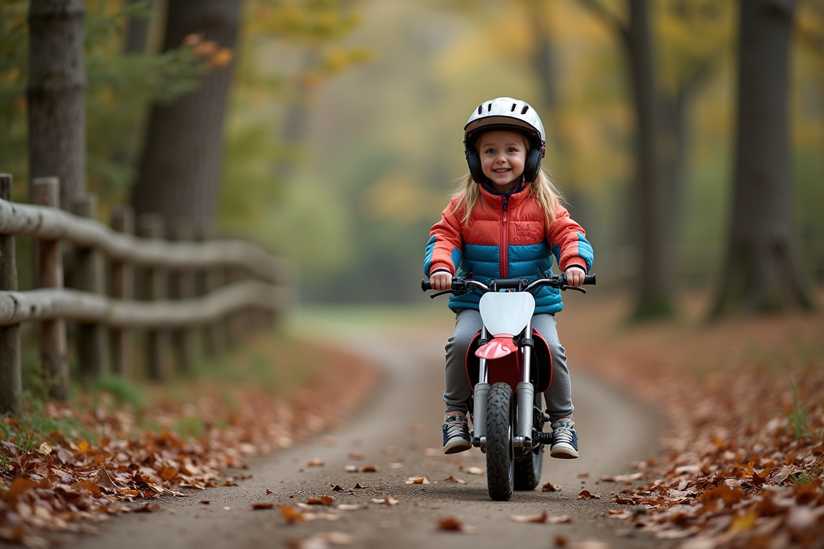 Fille avec casque et veste colorée sur un sentier en forêt