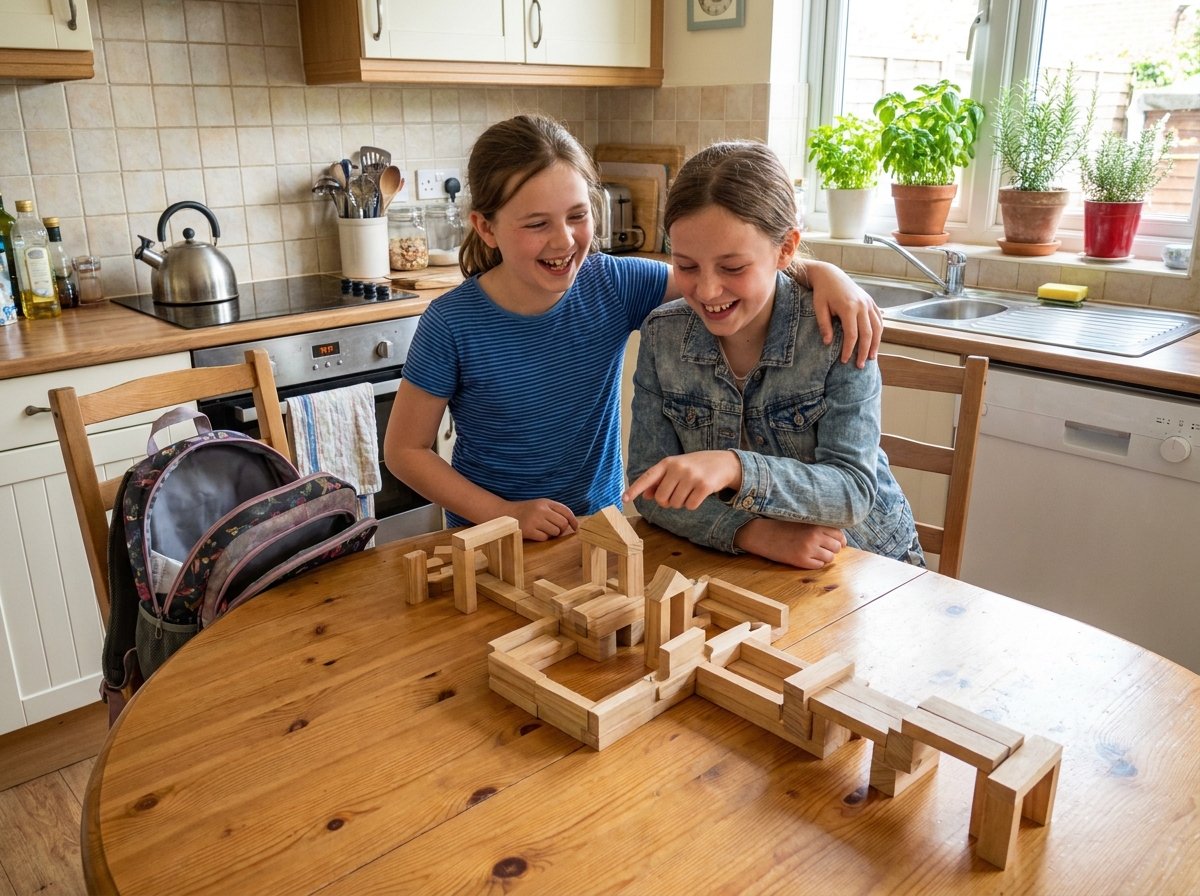 Deux fillettes construisant ensemble une ville en blocs de bois à la table de cuisine après l'école