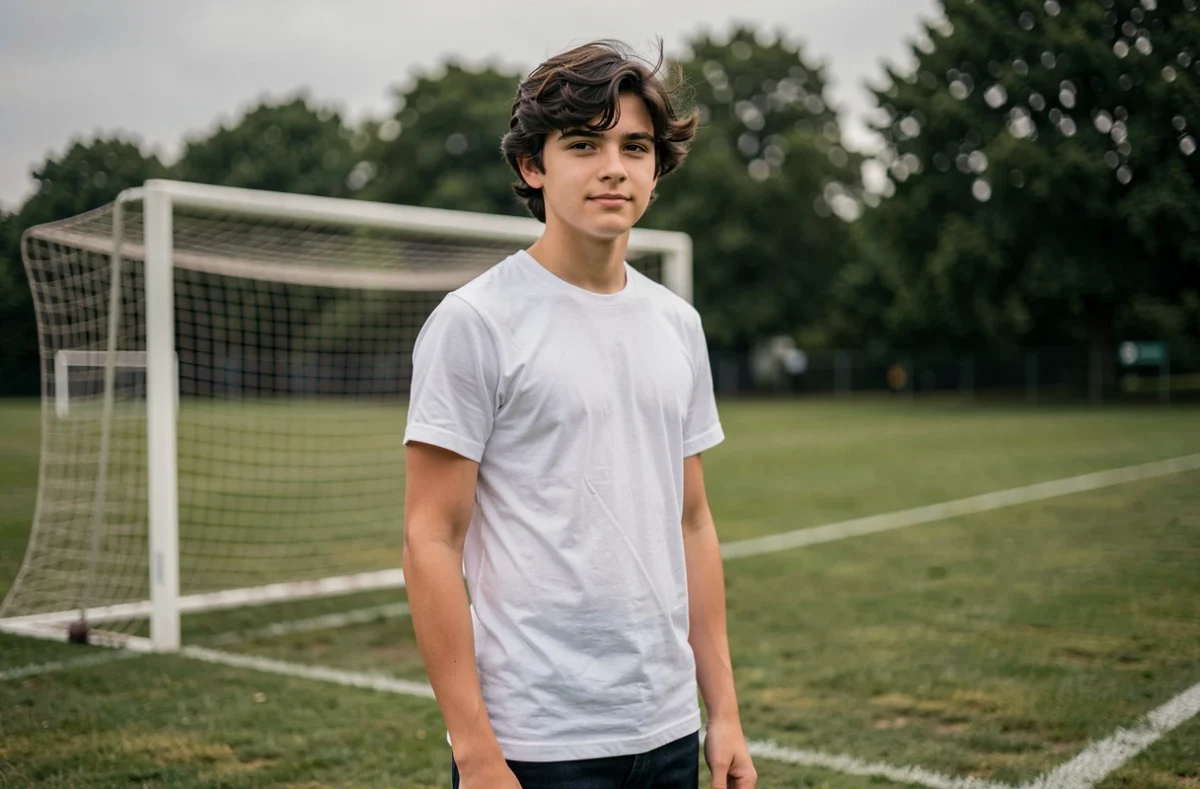 Jeune adolescent sur un terrain de football, évoquant l'enfance d'un fils de personnalité publique élevé dans la discrétion