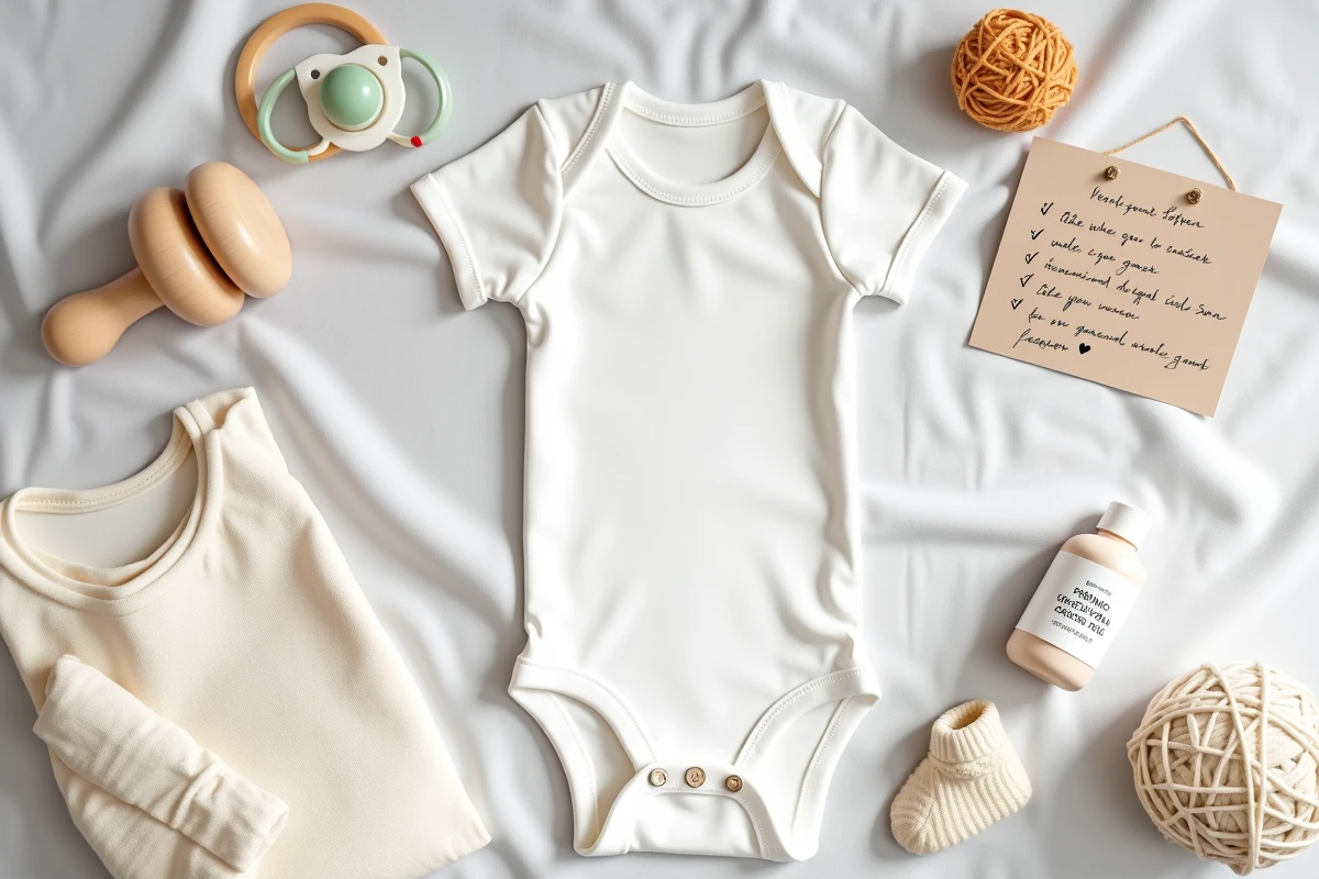 Flatlay minimaliste d'articles essentiels pour nouveau-né disposés sur du lin blanc, illustrant les indispensables d'une liste de naissance minipouce