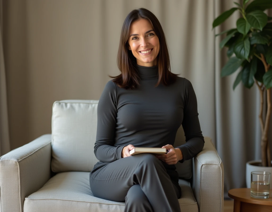 Florence Kieffer assise en studio, regard direct et souriant, évoquant son mari et sa vie amoureuse dans un contexte éditorial
