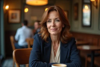 Florence Kieffer souriante dans un café parisien, évoquant sa vie sentimentale et son mari lors d'une interview