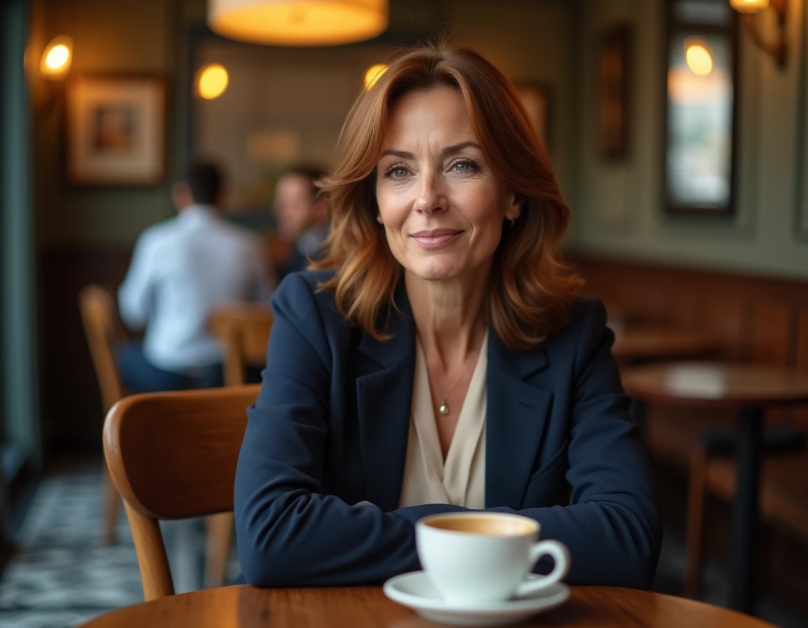 Florence Kieffer souriante dans un café parisien, évoquant sa vie sentimentale et son mari lors d'une interview