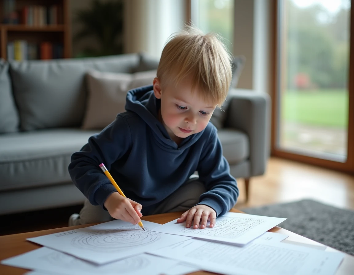 Garçon de 4 ans faisant des jeux de labyrinthes imprimés sur un tapis de salon par temps de pluie