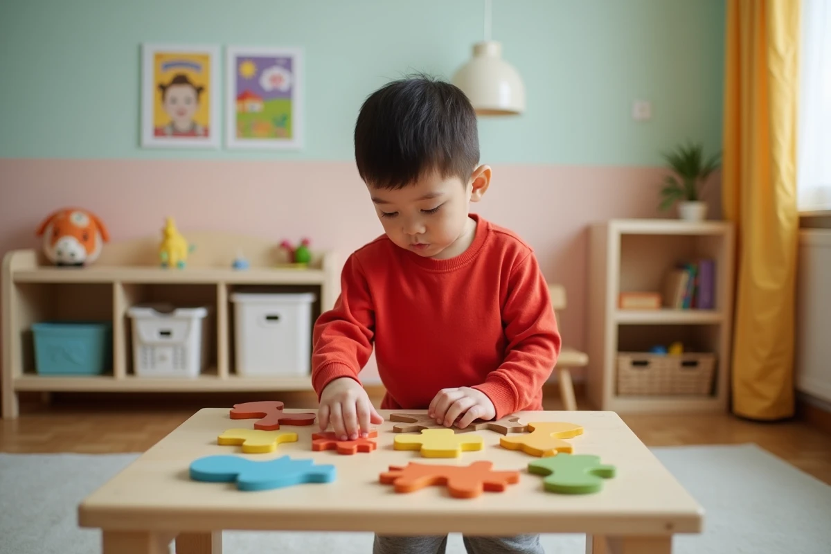 Garçon de 4 ans assemblant un puzzle en bois sur une table d'activités dans une salle de jeux colorée