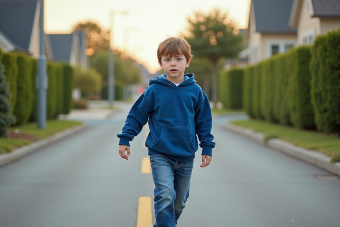Garçon de 10 ans traversant une rue résidentielle en confiance