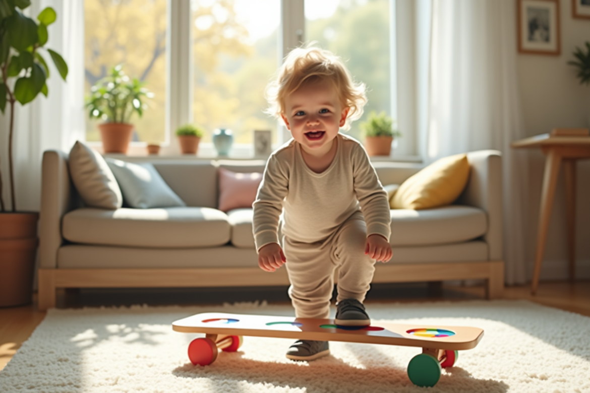 Garçon de 3 ans jouant sur un plan incliné coloré