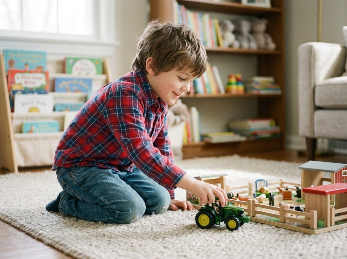 Jeune garçon jouant avec un mini tracteur dans un salon
