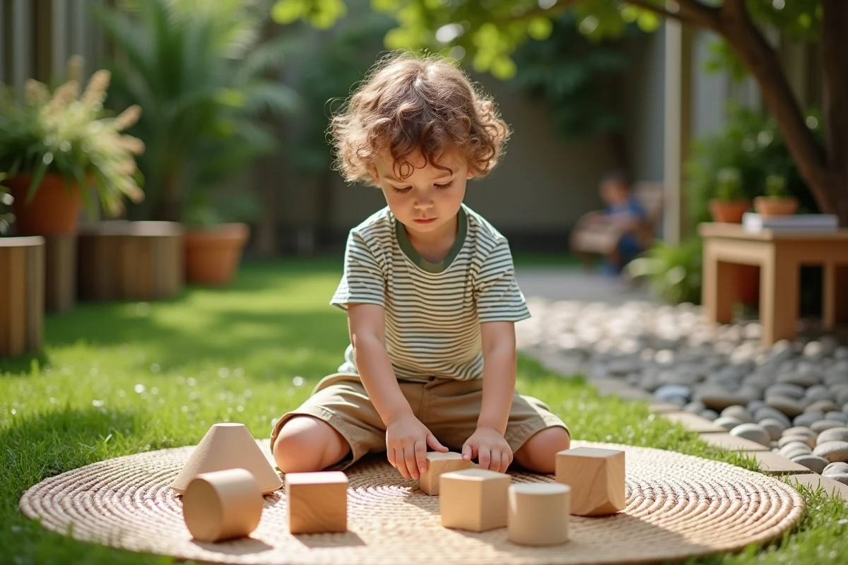 Garçon jouant avec formes en bois dans un jardin Montessori