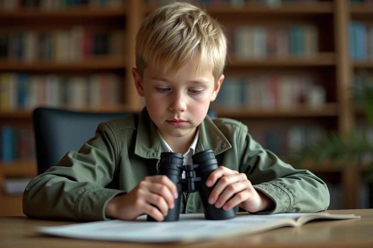 Garçon de 10 ans avec jumelles dans une bibliothèque