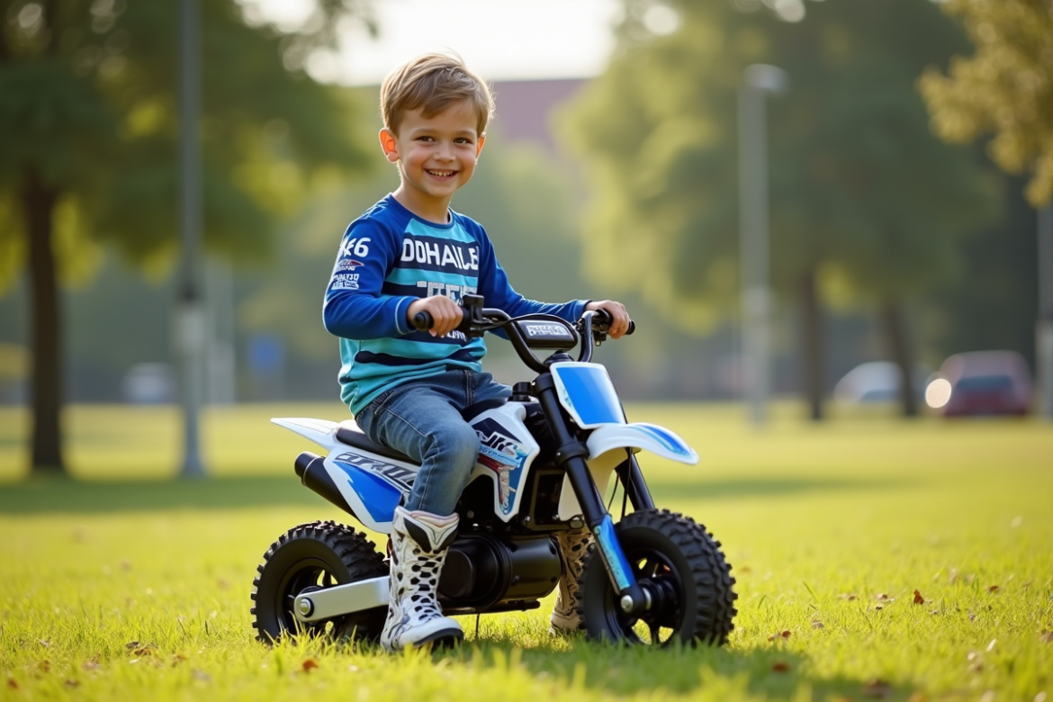 Garçon souriant sur une moto tout-terrain en plein air