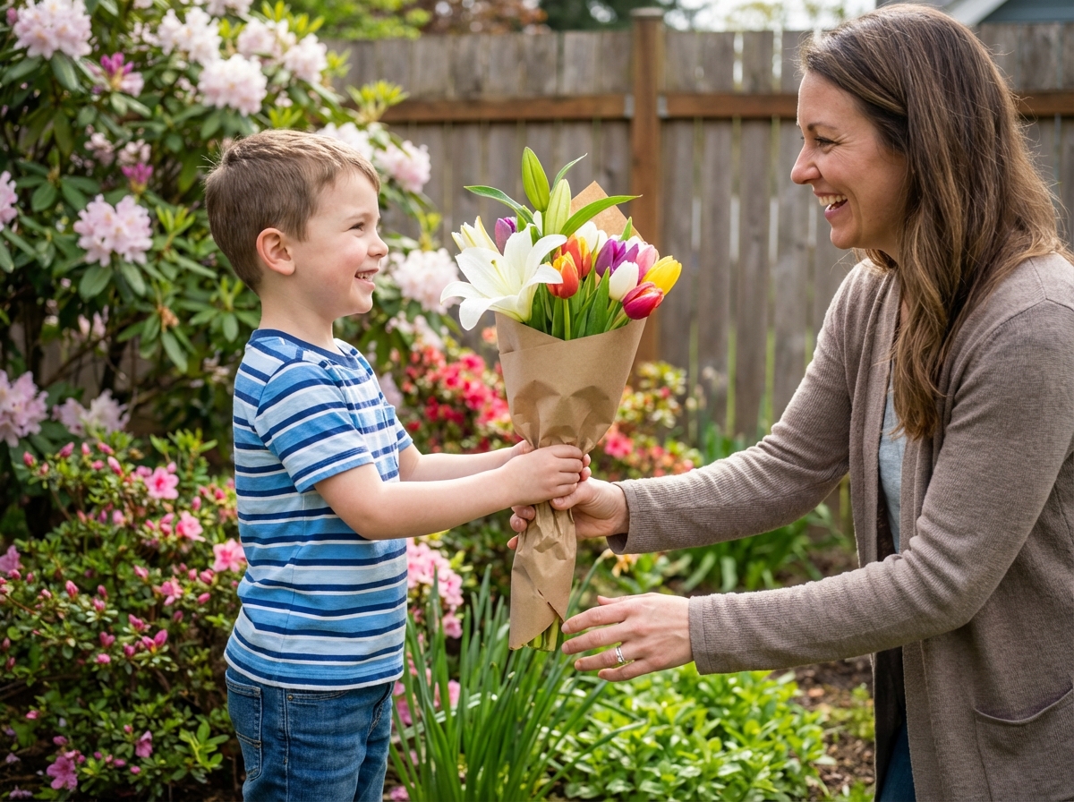 Garçon souriant offrant un bouquet dans le jardin