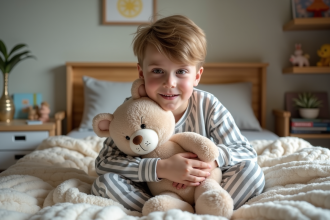 Garçon de 10 ans en pyjama rayé dans sa chambre calme