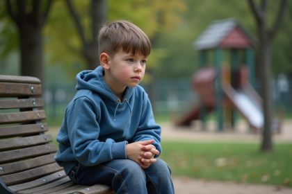 Jeune garçon seul sur un banc dans un parc