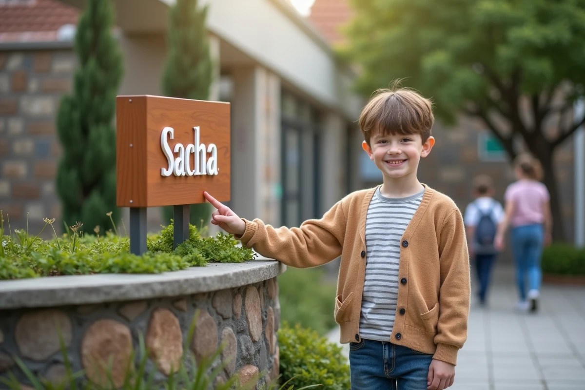 Garçon pointant son nom Sacha devant l