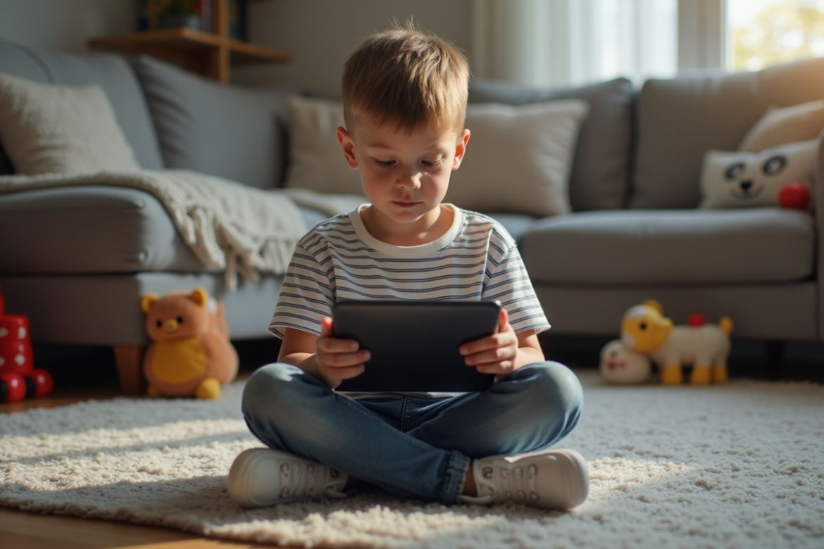 Garçon de 9 ans regardant une tablette dans le salon