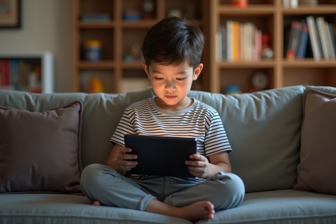 Jeune garçon de 8 ans avec tablette dans le salon