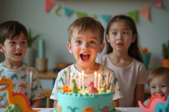 Gâteau d'anniversaire dinosaure décoré pour un enfant enthousiaste