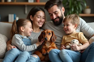 Un chiot teckel jouant dans le jardin avec sa famille