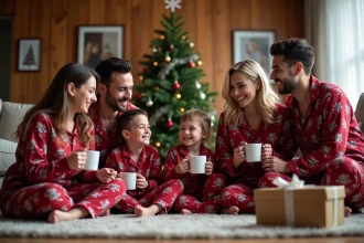 Un groupe familial heureux portant des pyjamas de Noël colorés