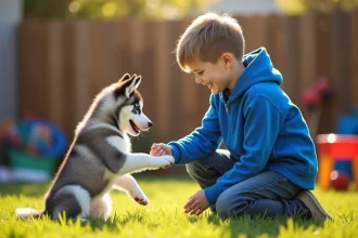 Jeune husky jouant dans le jardin avec des enfants