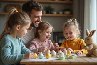 Lapin de Pâques entouré d'œufs colorés dans un jardin familial