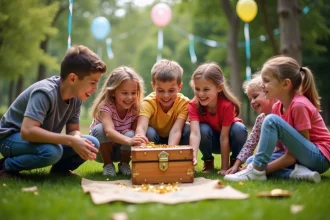 Enfants découvrant des indices lors d'une chasse au trésor d'anniversaire