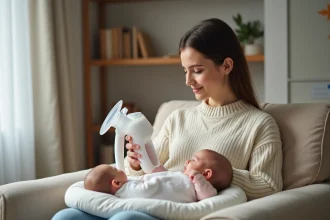 Tire-lait Lansinoh en usage avec une mère attentive