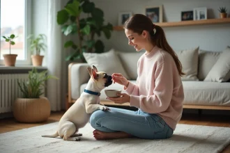 Bébé bouledogue français avec une gamelle d'alimentation adaptée
